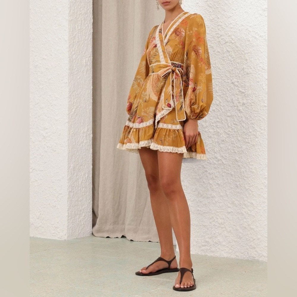 ZIMMERMANN Ascension Frill Mini Dress in Mustard Palm Floral US 12/AU 4